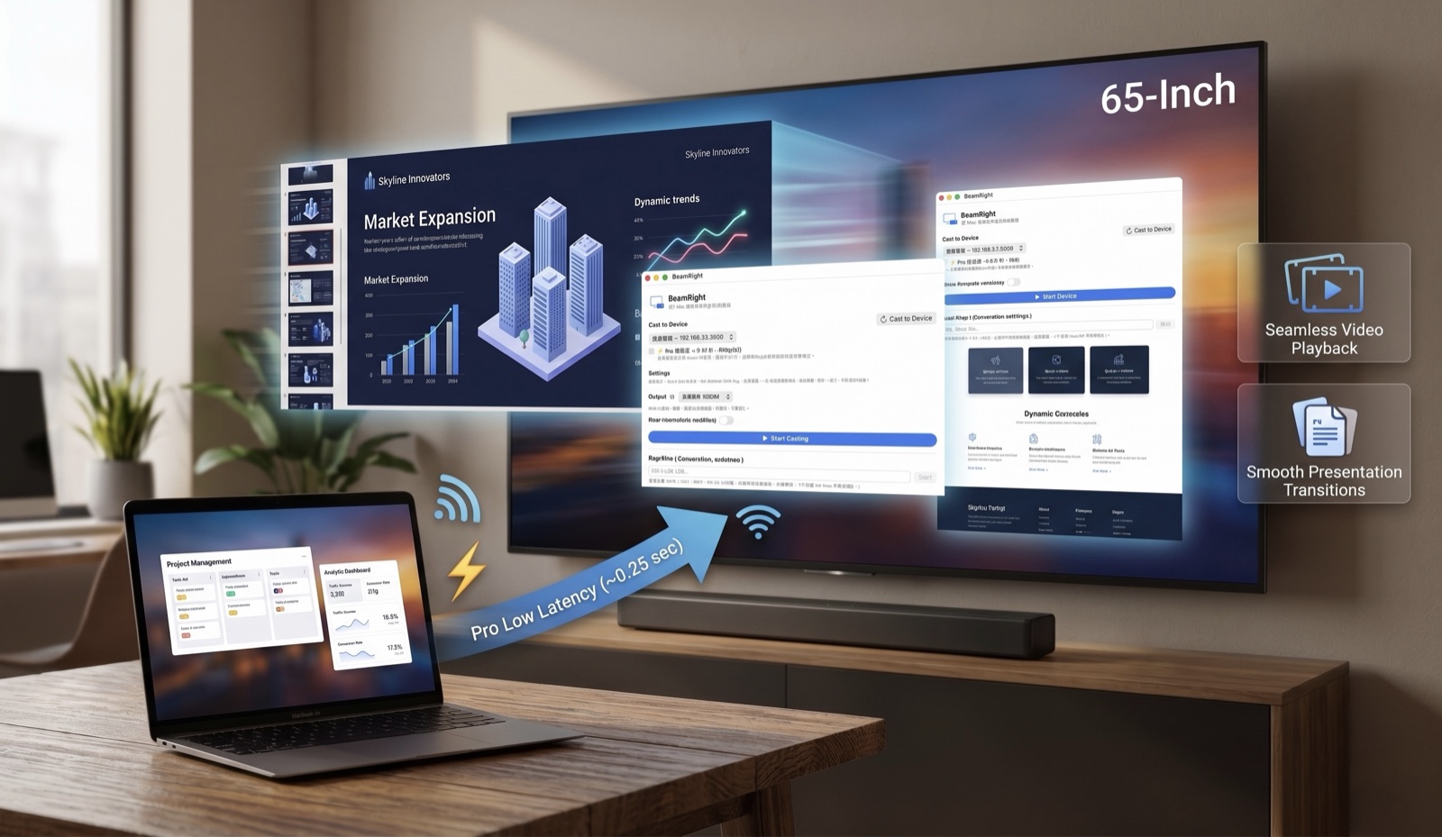 A MacBook mirroring its screen and audio to a big-screen TV — slides, a 4K video and a website all on the TV at once, over BeamRight's Pro low-latency (~0.25s) link